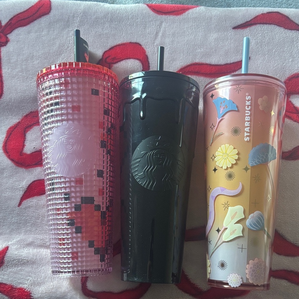 Starbucks Trio: Pink, Black, Floral Tumblers